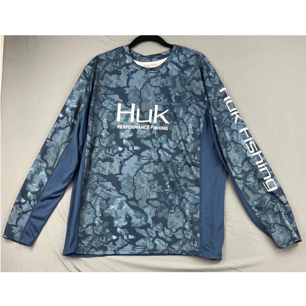 Huk Performance Fishing Shirt Mens XL Blue Camo Long Sleeve Excellent Logo Tee